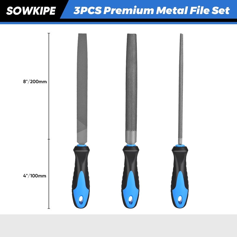 SOWKIPE 3-Piece Metal File Set, Premium High-Carbon Steel Files, 8 Inches, Includes Flat, Round, and Half-Round, Perfect for Metal, Wood, and More - Image 2